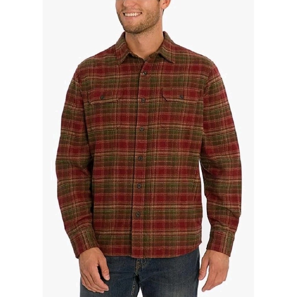 Orvis Shirt Shacket Big Bear Heavy Blanket Flannel Mens M Maroon Green Beige LS